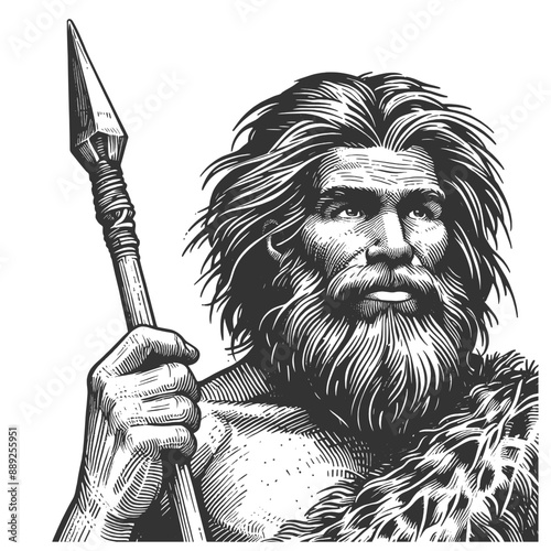 prehistoric caveman holding a spear, showcasing primitive human life and ancient survival tools sketch engraving generative ai vector illustration. Scratch board imitation. Black and white image.