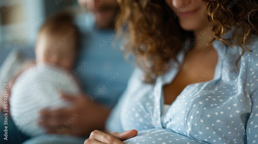 An expectant mother cradles her pregnant belly with affection as she rests at home, clad in a dotted shirt, conveying the beauty and serenity of motherhood. An expectant mother cradles her pregnant belly with affection as she rests at home, clad in a dotted shirt, conveying the beauty and serenity of motherhood.