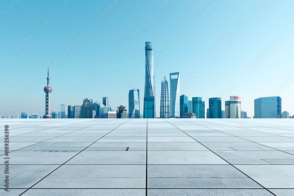 Cityscape image of modern buildings with a clear blue sky in the background.