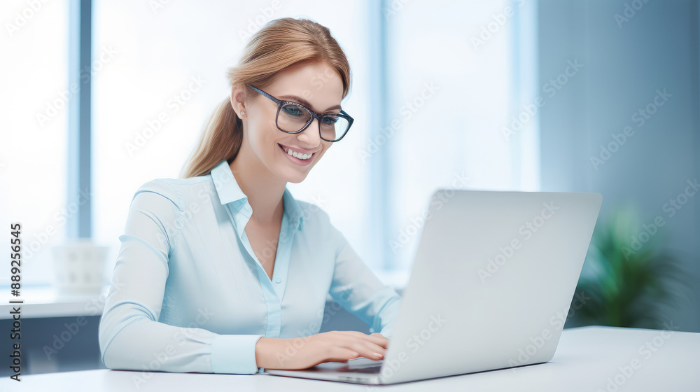 Smiling Professional Woman Using Laptop in Office Smiling Professional Woman Using Laptop in Office