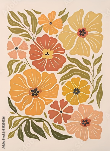 Retro poster with wildflowers daisies. Flat style illustration of calm earthy tones on a beige background.