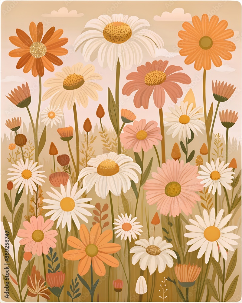 Retro poster with wildflowers daisies. Flat style illustration of calm earthy tones on a beige background. Retro poster with wildflowers daisies. Flat style illustration of calm earthy tones on a beige background.