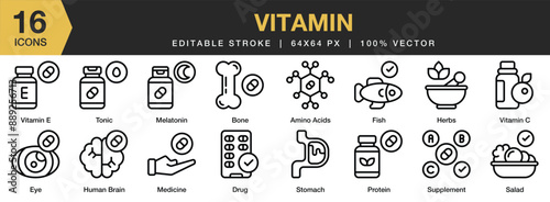 Set of 16 Vitamin icon set. Editable Stroke Icon Collection. Includes amino acid, herbs, human brain, salad, supplement, melatonin, and More. Outline icons vector collection.