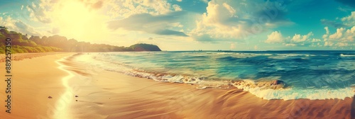 An image of a sandy beach with a cloudy blue sky, natural landscape, a sandy tropical summer beach, a summer vacation banner, an image of the sea on a sunny day, an image of a Hawaiian decent beach