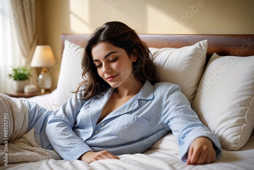 Woman wearing pyjamas sleeping on bed, happy peaceful rest, good morning