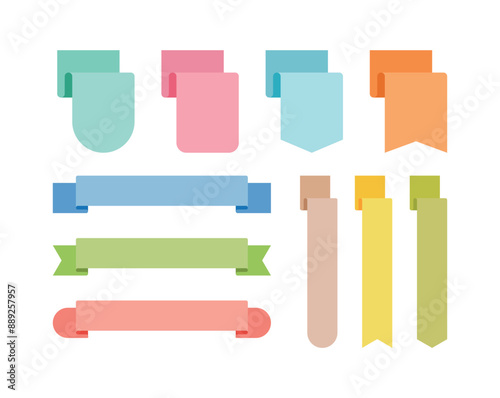 Set of illustrations of colorful tags, labels, decors, ribbons, emblems, and flags.