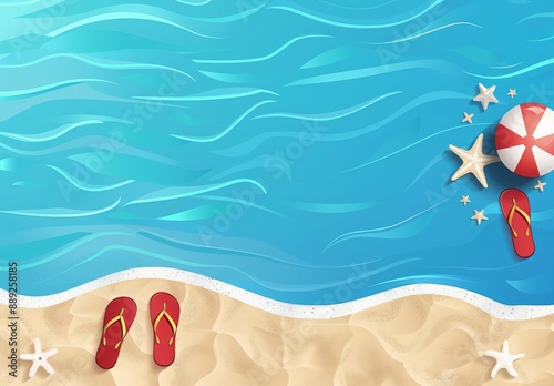Summer water surface background with ocean, sea, pool, swim ring, beach ball, palm leaf, and swim ring. Illustration for a book cover, promotion, or sale.