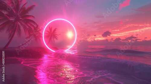 This illustration depicts a tropical scene with palm trees and a tropical sunset or dawn in neon light.