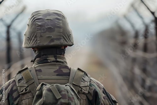 A soldier in camouflage stands with their back to the camera, facing a barbed-wire fence The soldier is wearing a helmet and carrying a backpack photo