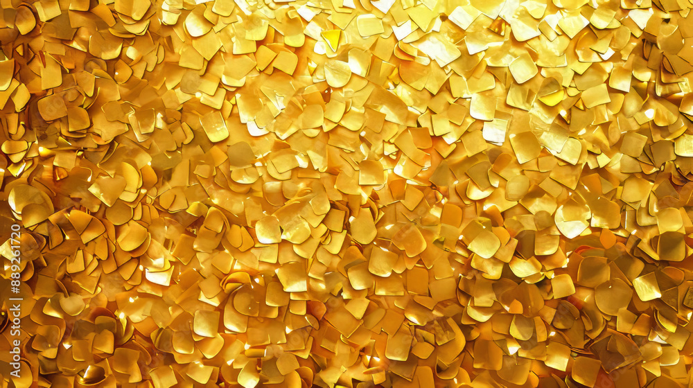Close Up View of Shiny Gold Confetti Scattered on a Surface Close Up View of Shiny Gold Confetti Scattered on a Surface