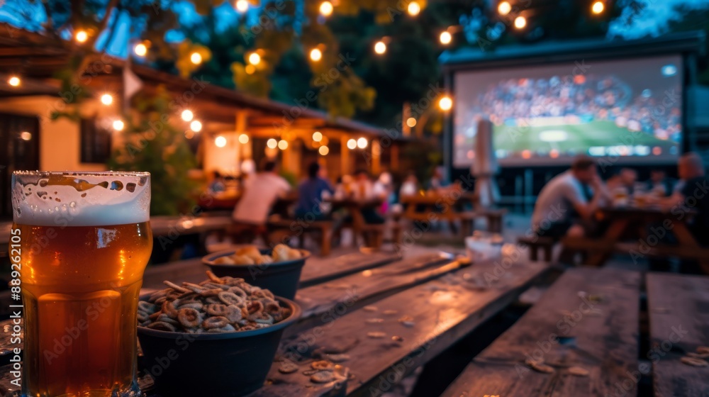 There is a blurred image of a soccer match in the background as you drink beer in a festive beer garden. There is a blurred image of a soccer match in the background as you drink beer in a festive beer garden.