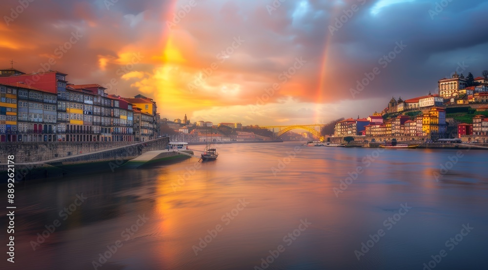 Obraz premium Picturesque sunset over colorful waterfront buildings and a river with a rainbow