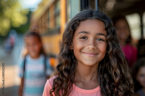 Smiling schoolgirl in front of a school bus
