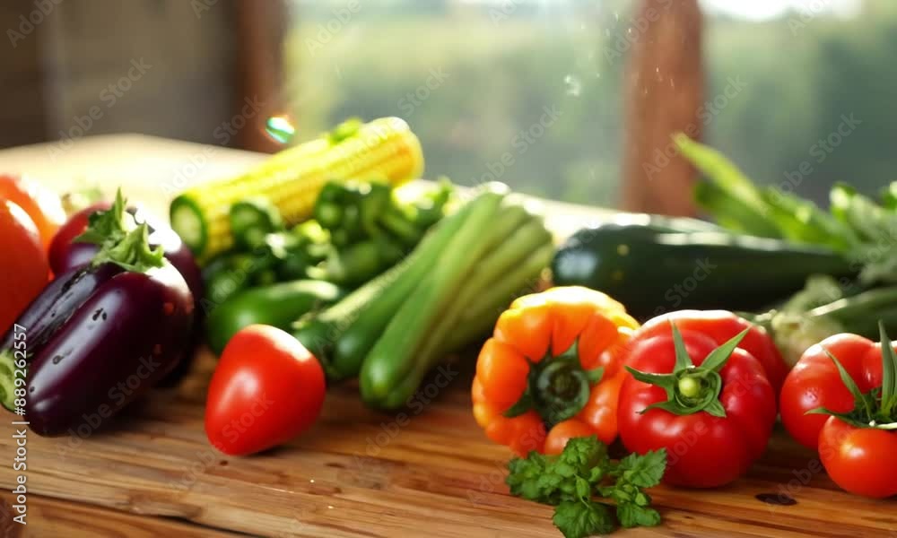 A vibrant top shot of various vegetables, including bright red tomatoes, crisp green bell peppers, deep purple eggplants, and sunny yellow corn A vibrant top shot of various vegetables, including bright red tomatoes, crisp green bell peppers, deep purple eggplants, and sunny yellow corn