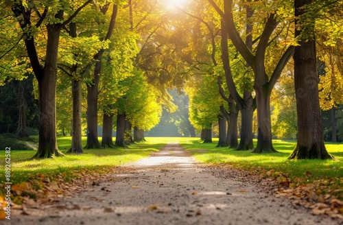 A green lane path in the forest. A beautiful alleyway through the park.