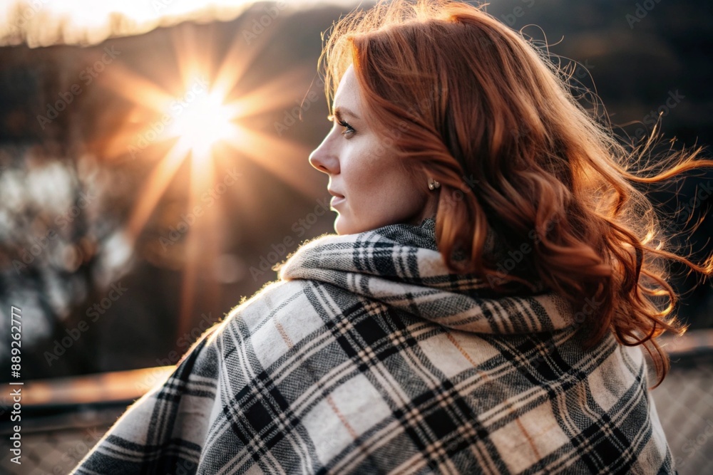 Portrait of a red-haired beautiful woman in close-up, wrapped in a plaid, in the rays of the setting sun. Cozy autumn evenings in nature. Portrait of a red-haired beautiful woman in close-up, wrapped in a plaid, in the rays of the setting sun. Cozy autumn evenings in nature.