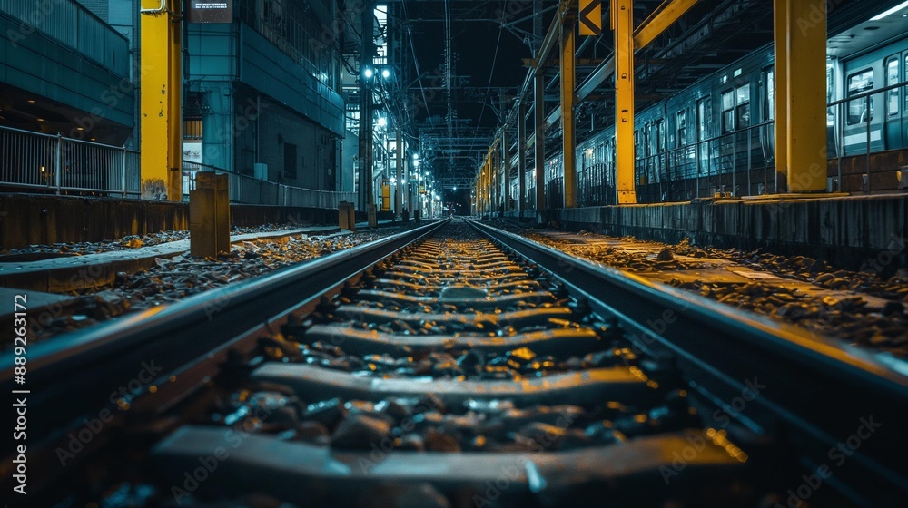 AI generator image of Running train wheels, tracks, night, Tokyo, low angle, cinematic AI generator image of Running train wheels, tracks, night, Tokyo, low angle, cinematic