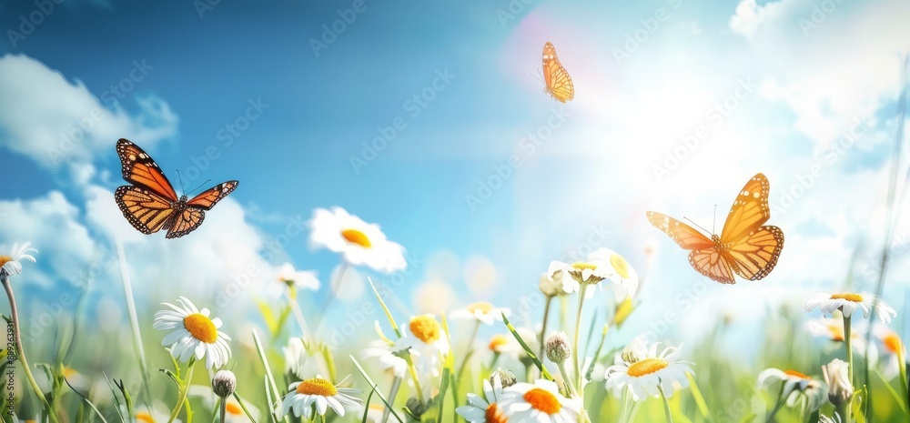 The fresh grass and flowers against the sunny sky make up this abstract spring nature background The fresh grass and flowers against the sunny sky make up this abstract spring nature background
