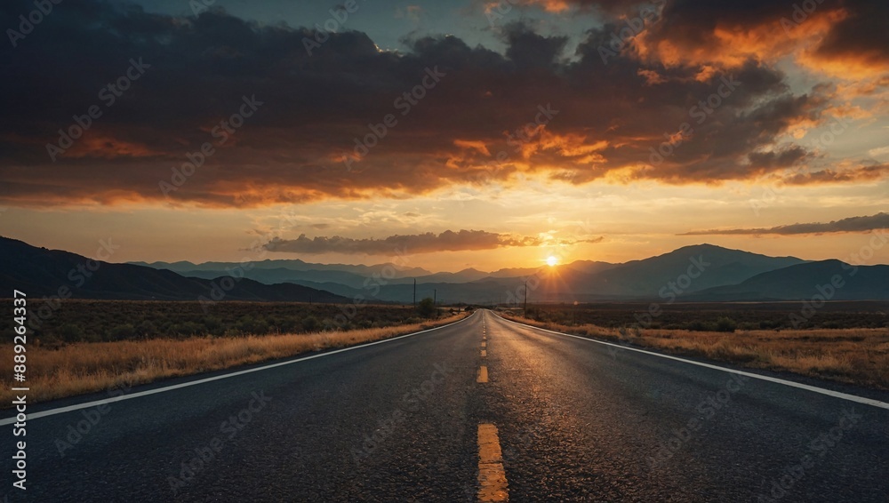 Sunset landscape asphalt road, mountain, sky with cloud Sunset landscape asphalt road, mountain, sky with cloud