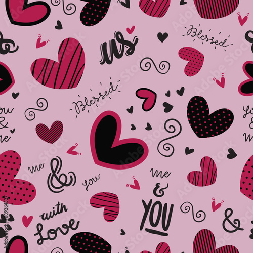 Cute doodle style hearts seamless vector pattern.  Handwritten background. Marker drawn different heart shapes and silhouettes. Hand drawn ornament. 