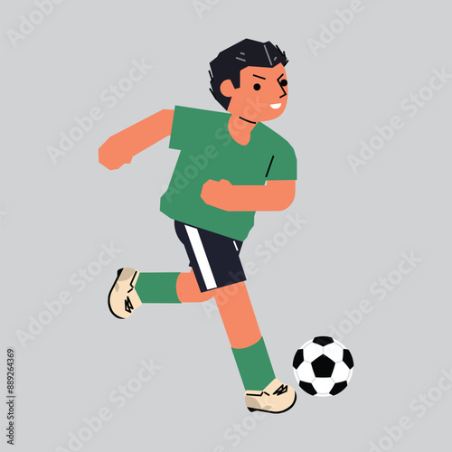 Soccer Player Kicking Ball isolated on grey background. Football Player  in motion and action with ball. Vector Illustration.