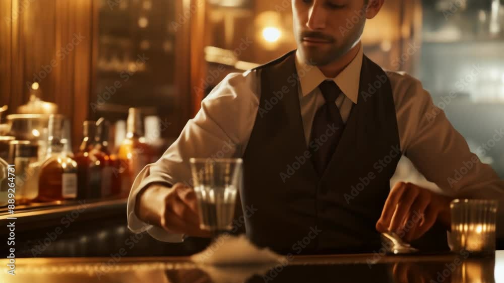 Bartender preparing a drink in a dimly lit, elegant bar Bartender preparing a drink in a dimly lit, elegant bar