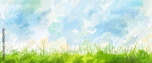Abstract summer landscape modern watercolor background with blue sky, white clouds and green field. Watercolor illustration for interior, flyers, posters, covers, banners. Modern hand drawn