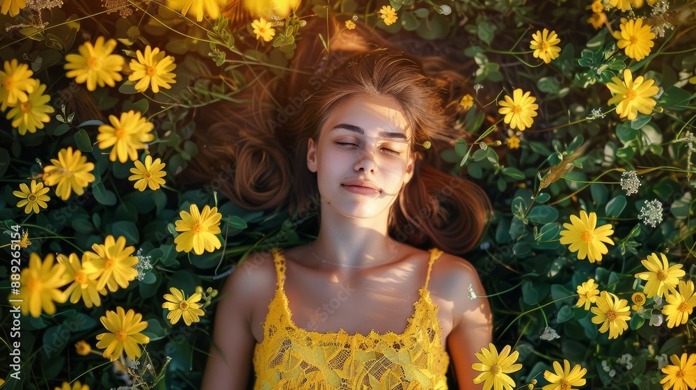 Top view of stunning woman lying on grass among yellow flowers spring concept Beautiful girl on the spring grass Top view of stunning woman lying on grass among yellow flowers spring concept Beautiful girl on the spring grass