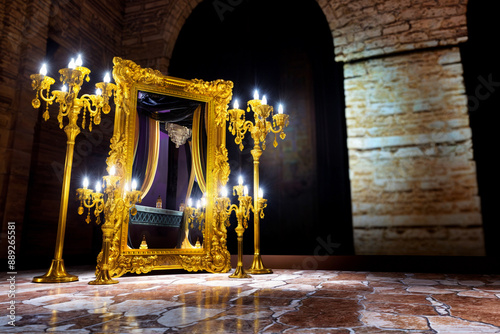 Quadro su tela golden baroque mirror with a gold candelabrum