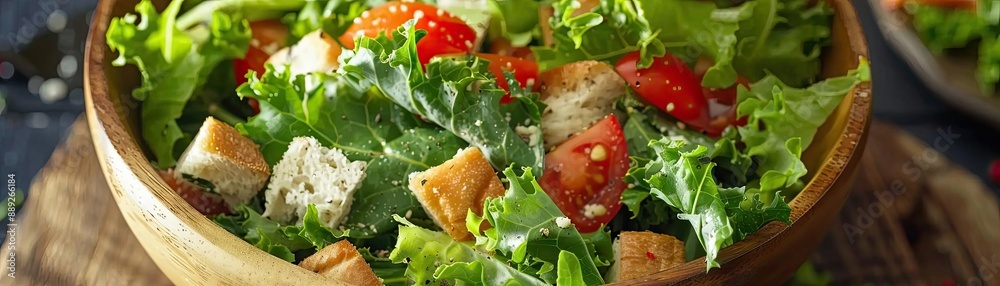 Fresh green salad with lettuce, tomatoes, croutons, and parmesan cheese in a wooden bowl, perfect for a healthy meal or side dish.