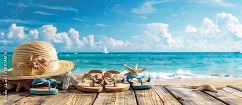 An image of a tropical beach with sunbathing accessories, a background for a summer holiday