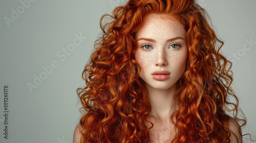 Beautiful female model with long red wavy curls. Ai generated image