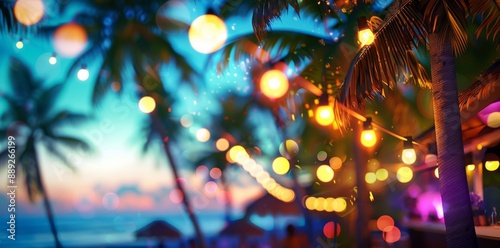 A blurred beach bar is framed by palm leaves on a blurred background