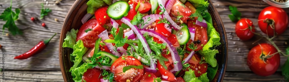 Fresh and colorful vegetable salad with tomatoes, cucumber, red onion, and leafy greens on a rustic wooden table. Healthy eating concept. Fresh and colorful vegetable salad with tomatoes, cucumber, red onion, and leafy greens on a rustic wooden table. Healthy eating concept.
