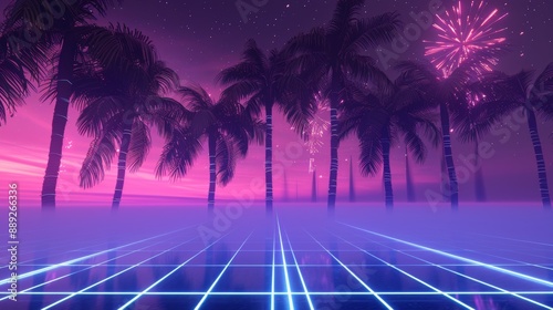 The 80s retro landscape with a sun and mountains in a futuristic style. A digital retro cyber surface. This image is suitable for designs in the 80's style.