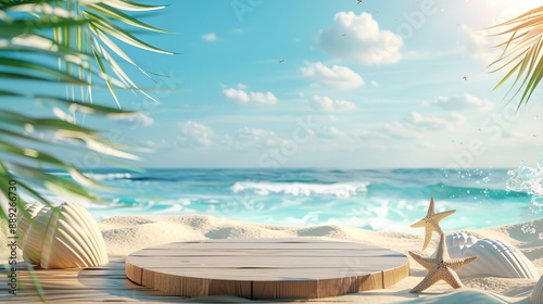 Designed summer beach background with sand and a beach poster display podium © Bundi