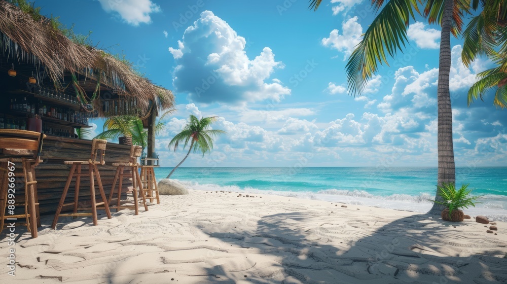 The beach has a tiki bar, a wooden hut with tribal masks, drinks, and snacks. A modern cartoon tropical landscape with the sea and palm trees is close to a cafe serving cocktails. The beach has a tiki bar, a wooden hut with tribal masks, drinks, and snacks. A modern cartoon tropical landscape with the sea and palm trees is close to a cafe serving cocktails.