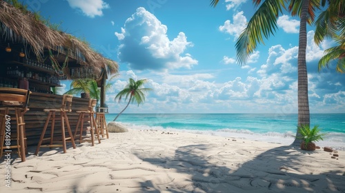 The beach has a tiki bar, a wooden hut with tribal masks, drinks, and snacks. A modern cartoon tropical landscape with the sea and palm trees is close to a cafe serving cocktails.