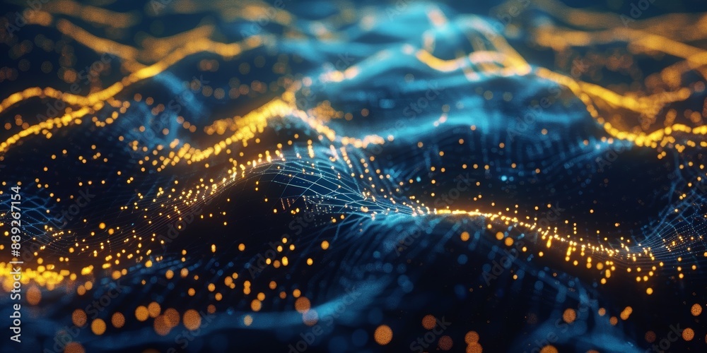 Glowing orange and blue digital particles form a futuristic landscape with a sense of depth and movement Glowing orange and blue digital particles form a futuristic landscape with a sense of depth and movement