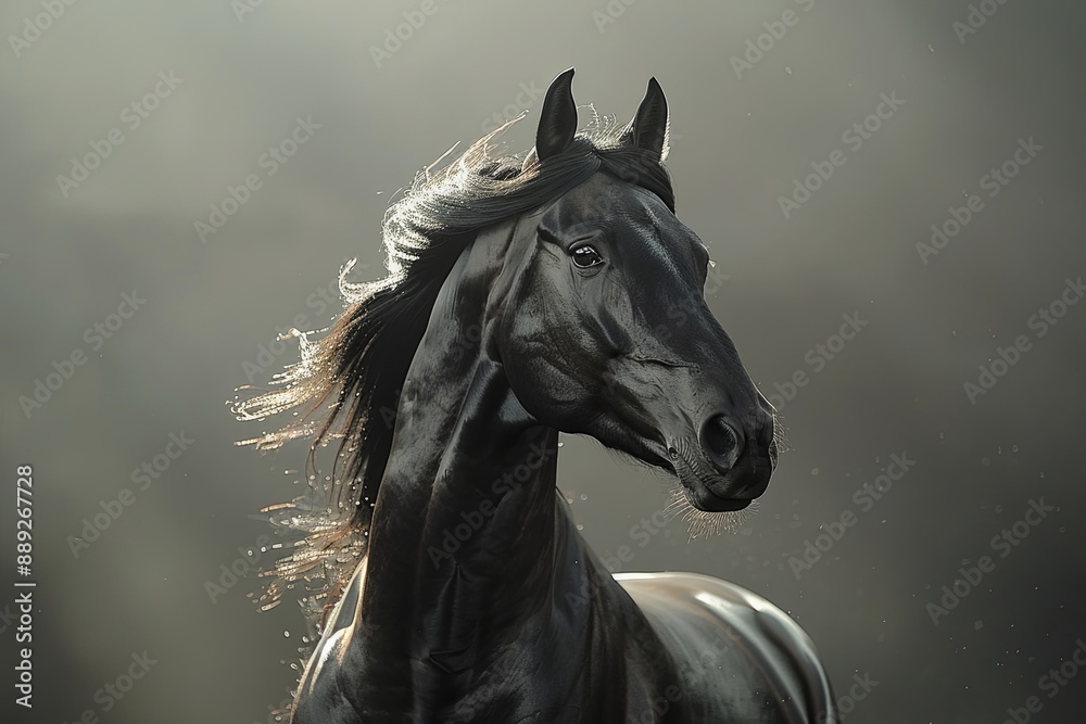 A Friesian horse with a lustrous wavy mane stands in a field, backlit by the sun. Generative AI A Friesian horse with a lustrous wavy mane stands in a field, backlit by the sun. Generative AI