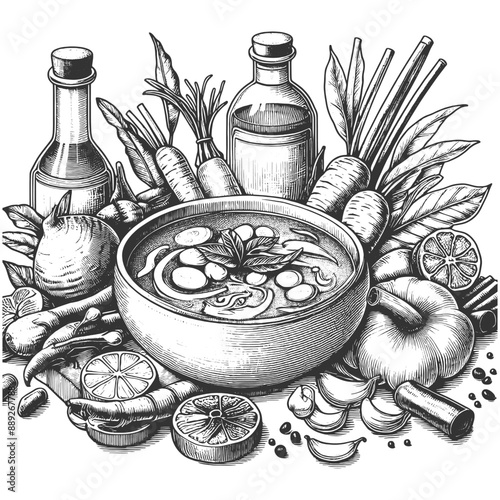 Tom yum soup Ingredients sketch engraving generative ai vector illustration. Scratch board imitation. Black and white image.