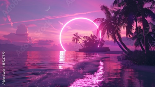 Retro illustration of a tropical background with neon light and palm trees.