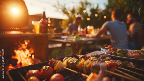 A close up shot of barbecued meat on a table in a garden in the background with a blur effect. Beach party, summer, food, happiness, sunshine, backyard, neighbors, family gathering, neighbors.