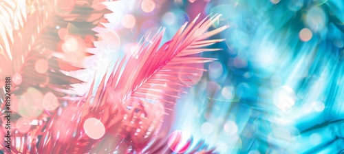 Tropical summer background with colorful palm leaves and bokeh effect. Trendy botanical wallpaper with soft colors. Festive mood. Summer vibes. Wide banner. Copy space. Design mockup.