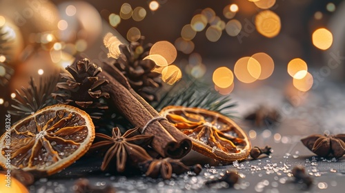 Fototapeta Naklejka Na Ścianę i Meble -  Traditional Christmas spices and dried orange slices on holiday bokeh background with blurred lights. Cinnamon sticks, star anise, pine cones and cloves. Christmas spice decoration.