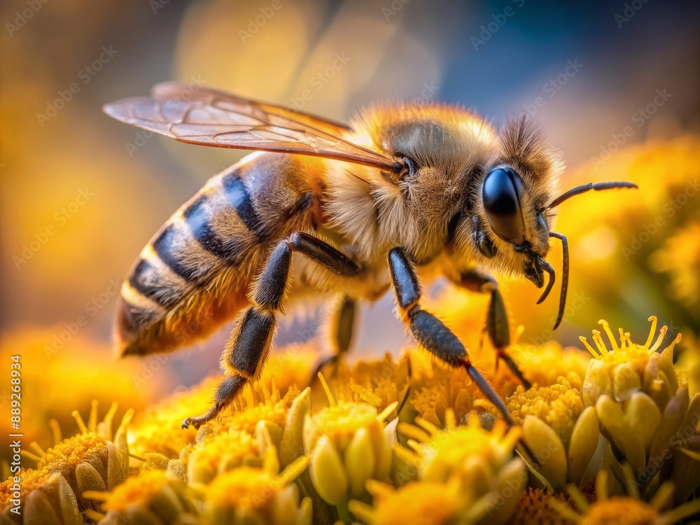 A macro shot of a honeybee collecting nectar, the golden hues of its fuzzy body and translucent wings highlighted against a simple background, a tribute to pollinators. A macro shot of a honeybee collecting nectar, the golden hues of its fuzzy body and translucent wings highlighted against a simple background, a tribute to pollinators.