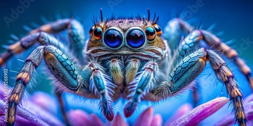 Vibrant blue background showcases a delicate flower surrounded by the intricate details of a jumping spider's eyes, legs, and body in a stunning close-up shot.