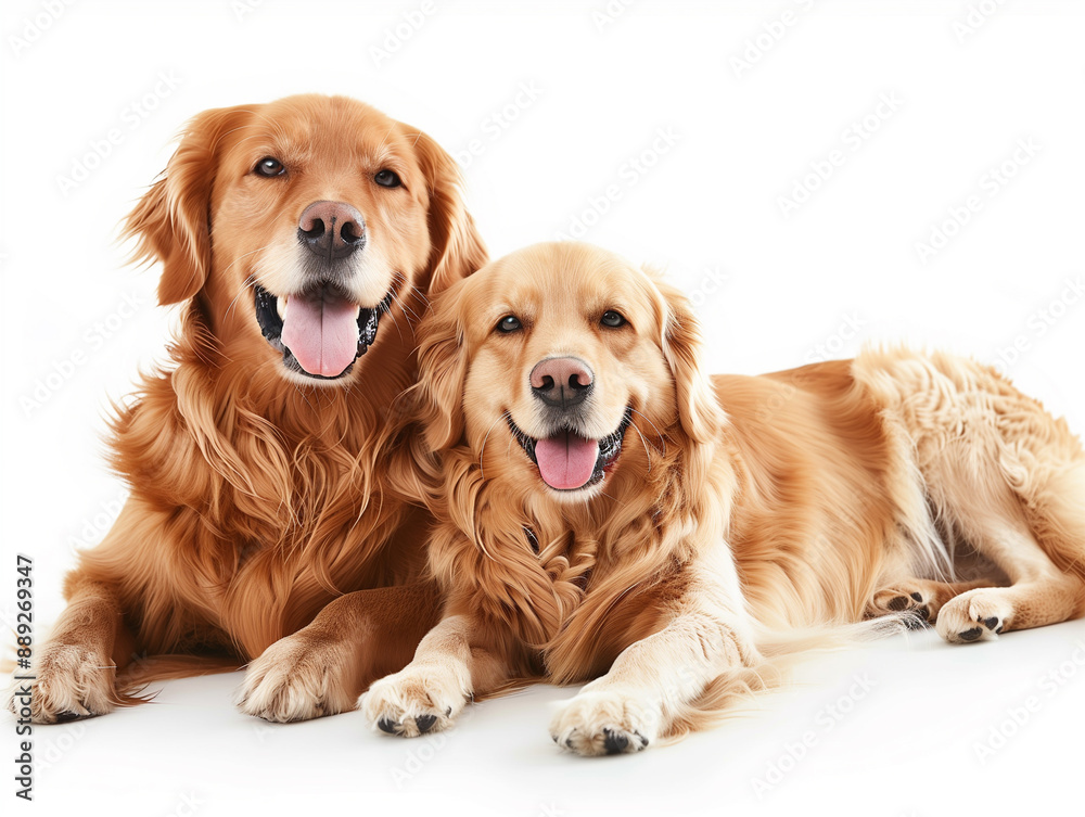 Portrait of two golden retrievers sitting in front of isolated white background - ai generative Portrait of two golden retrievers sitting in front of isolated white background - ai generative