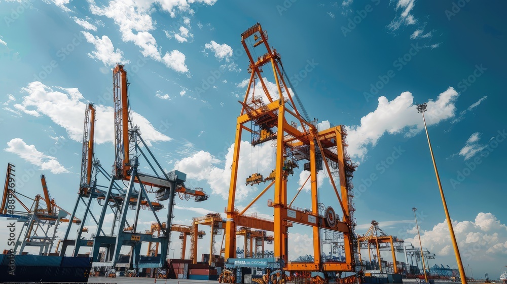 Busy Industrial Shipping Port with Cranes Busy Industrial Shipping Port with Cranes