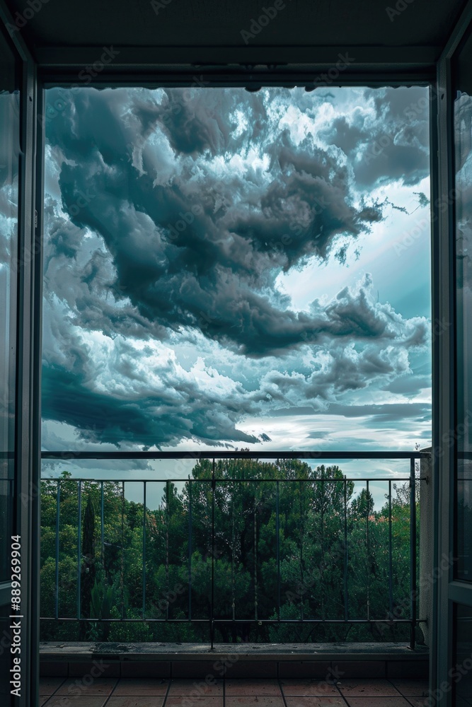 Fototapeta premium A person is standing on a balcony looking at the cloudy sky